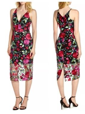 Dress the Population Aurora Black Floral Embroidered Midi Dress XS